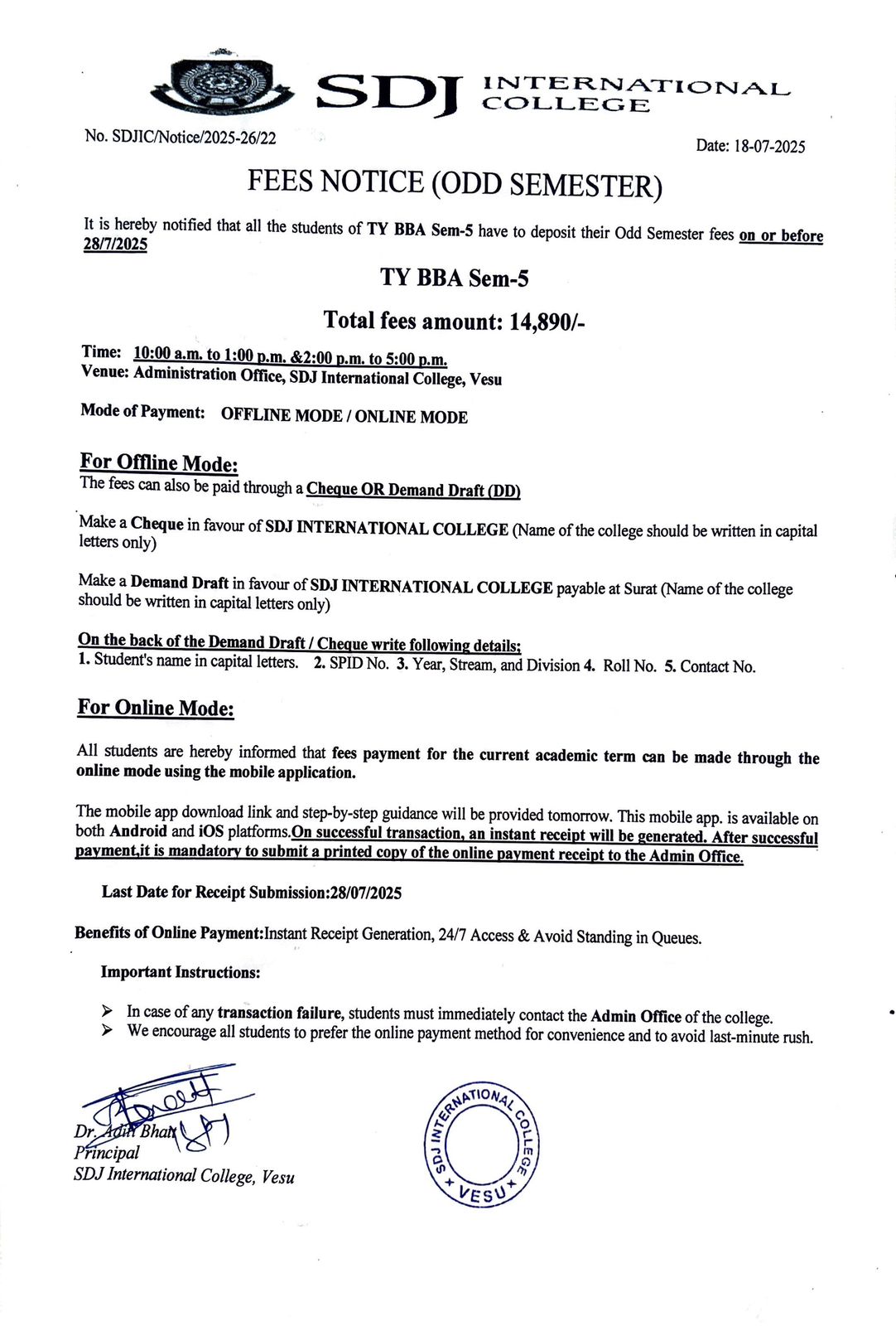 Fees Notice TYBBA Sem-5 AY2025-26