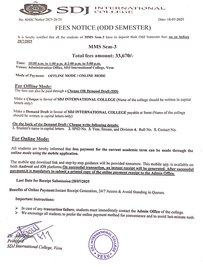 Fees Notice MMS SEM-3 AY2025-26