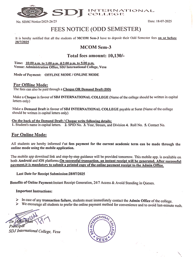 Fees Notice MCOM SEM-3 AY2025-26