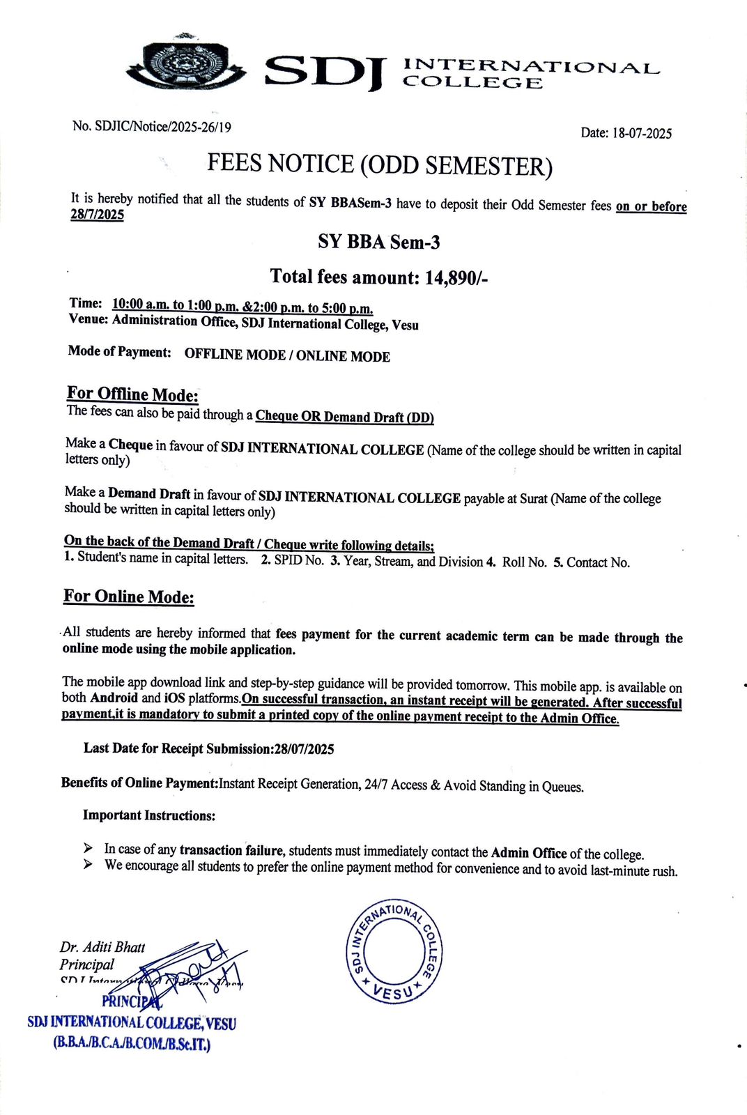 Fees Notice SYBBA(Regular) SEM-3 AY2025-26