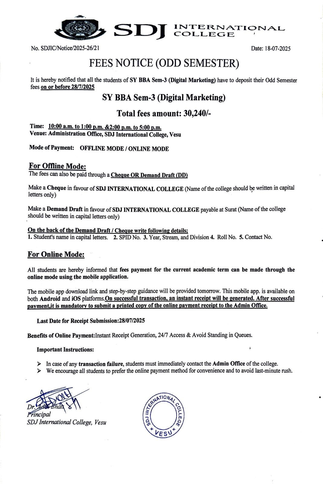 Fees Notice SYBBA(Digital Marketing) SEM-3 AY2025-26