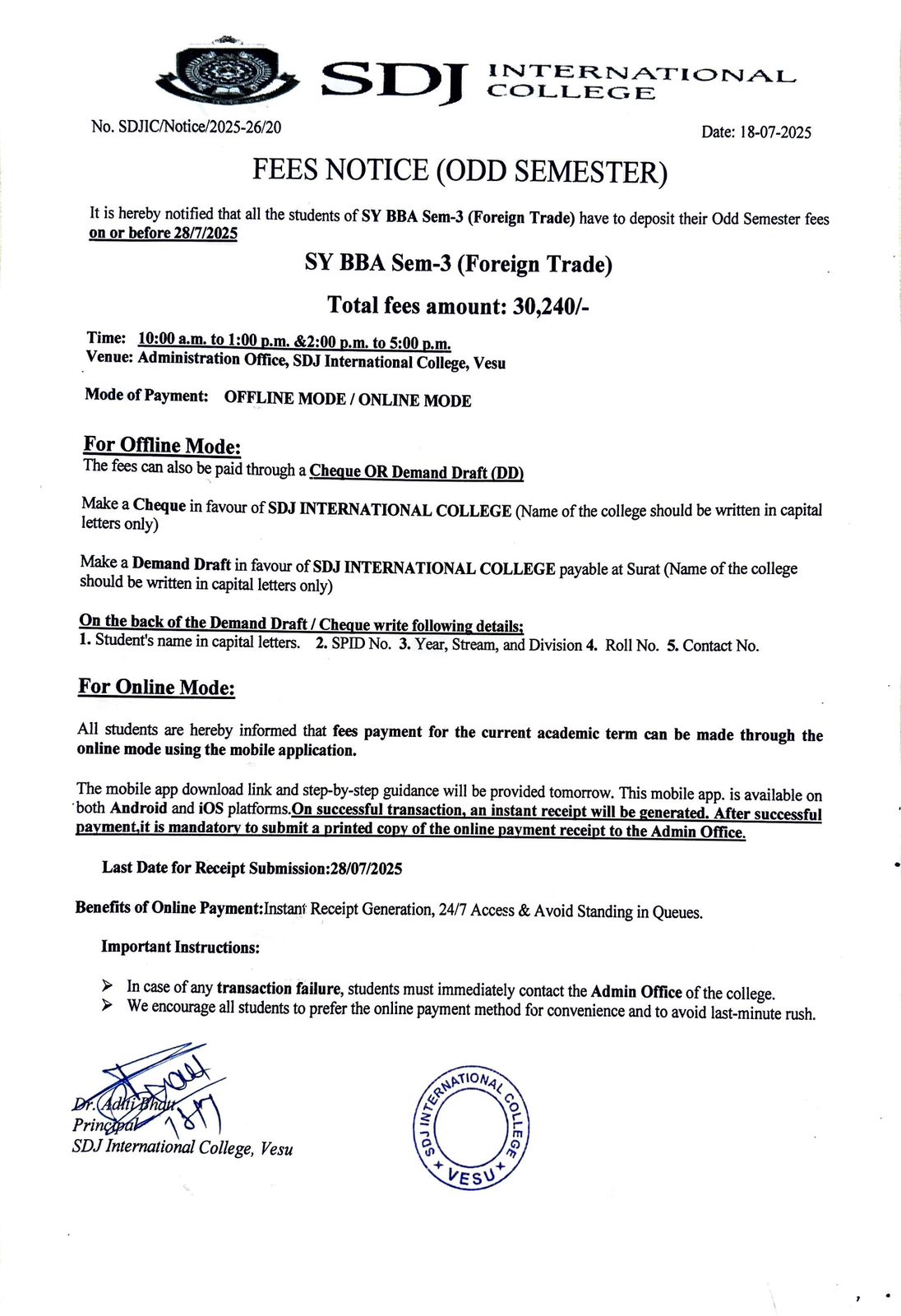 Fees Notice SYBBA(Foreign Trade) SEM-3 AY2025-26