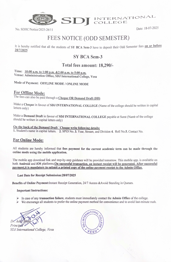 Fees Notice SYBCA(Regular) SEM-3 AY2025-26