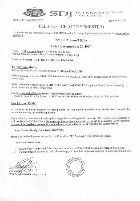 Fees Notice SYBCA(CS) SEM-3 AY2025-26