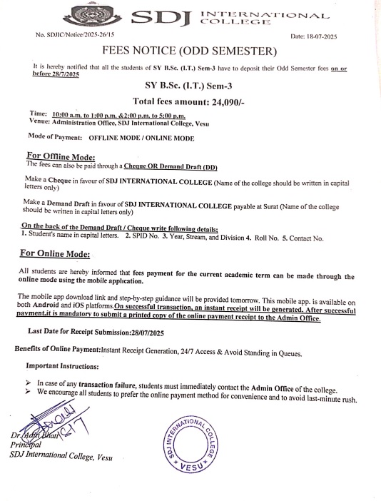 Fees Notice BSc IT Sem-3