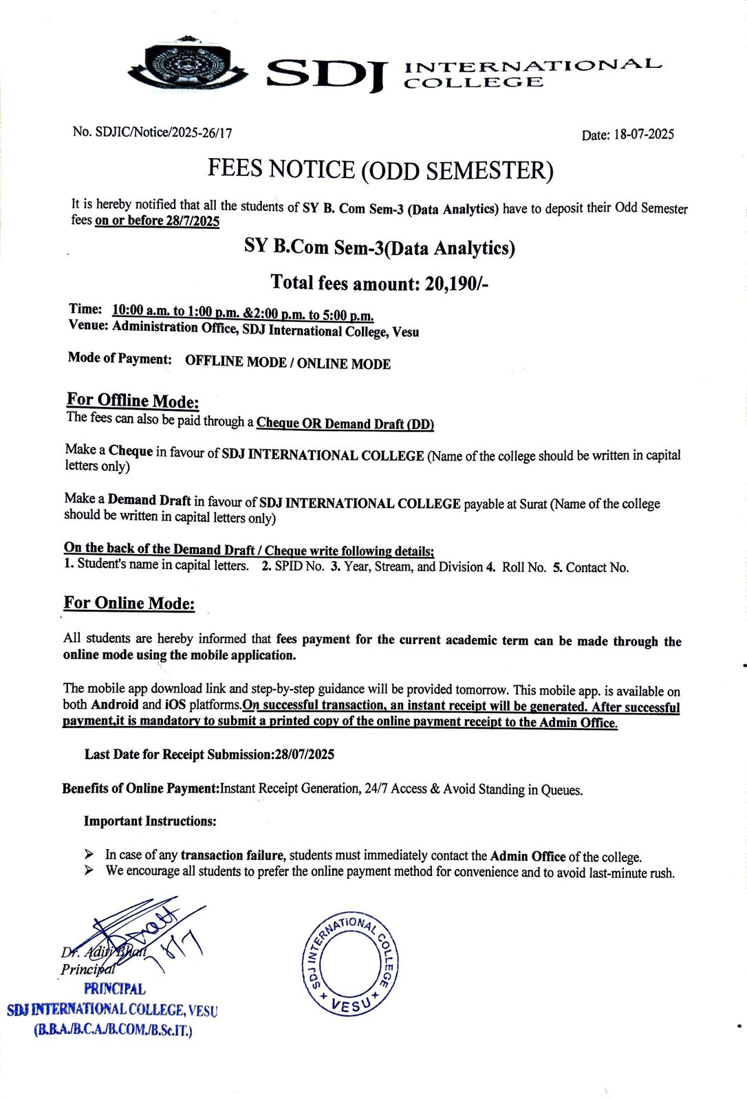 Fees Notice SYBCOM SEM-3 Data Analysis